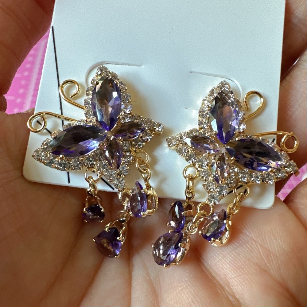Aldo earrings purple butterfly crystal diamonds paved tassel drops gold tone